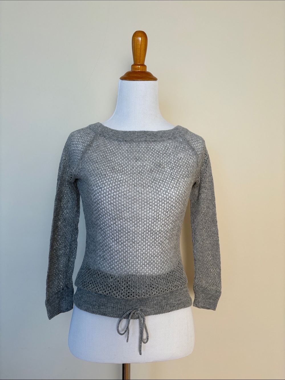 Club Monaco Light Gray Open-Weave Crewneck Sweater with Drawstring Hem